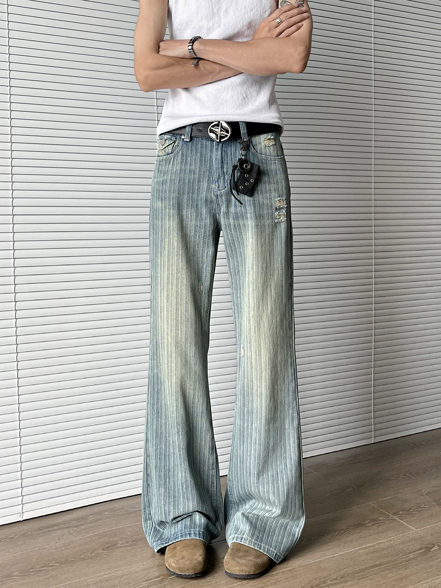 Quần jeans rách họa tiết tre dành cho nam, phong cách mùa hè thời thượng, quần ống rộng dáng thẳng, quần dài kiểu Mỹ cổ điển, rách cá tính.