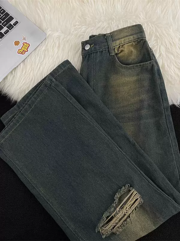 Quần jeans rách phong cách retro Mỹ dành cho nam, quần ống rộng vintage mùa xuân thu, quần thời trang thương hiệu cao cấp, đã qua xử lý làm cũ và tạo hiệu ứng rách.