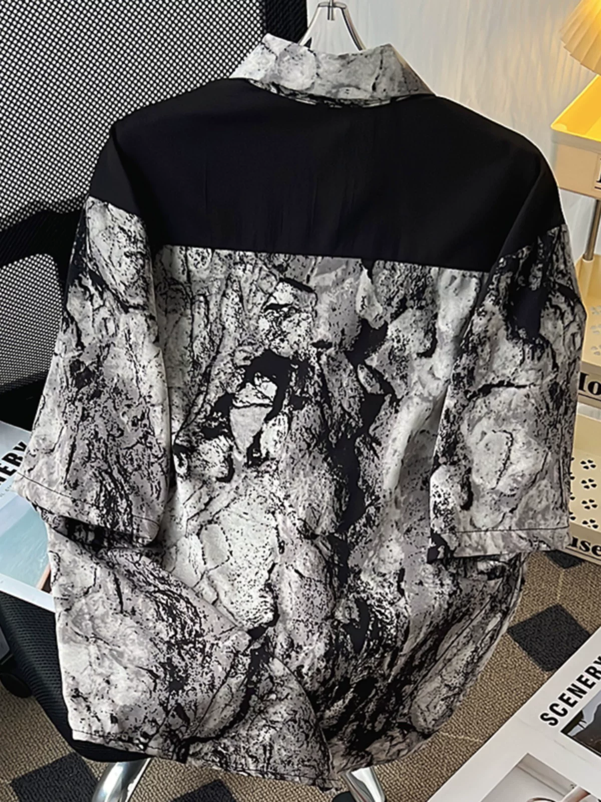 Áo sơ mi nam phối màu nhuộm chàm, kiểu Trung Quốc mới, tay ngắn, mùa hè, dáng rộng, thời trang cao cấp.