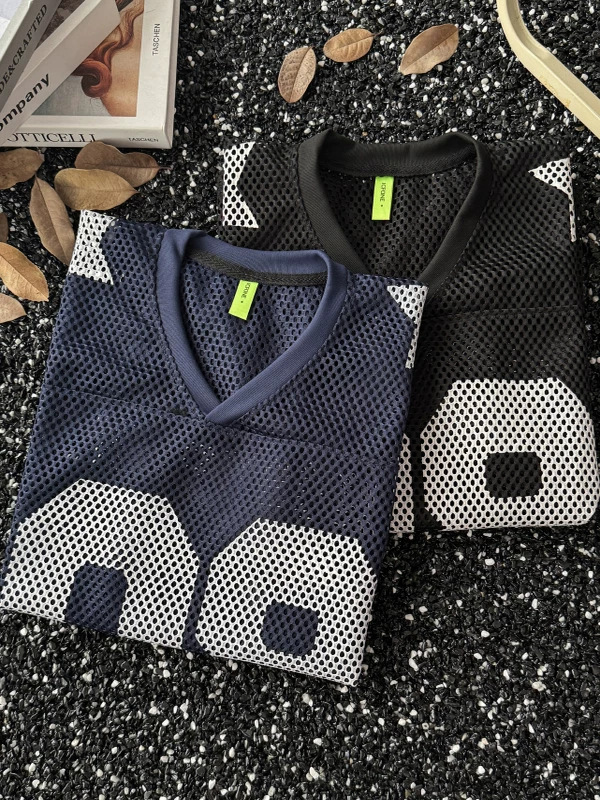 Áo thun ngắn tay cổ chữ V lưới rỗng dành cho nam và nữ, áo thể thao lụa băng mùa hè, áo kiểu cặp đôi hip-hop đường phố Mỹ