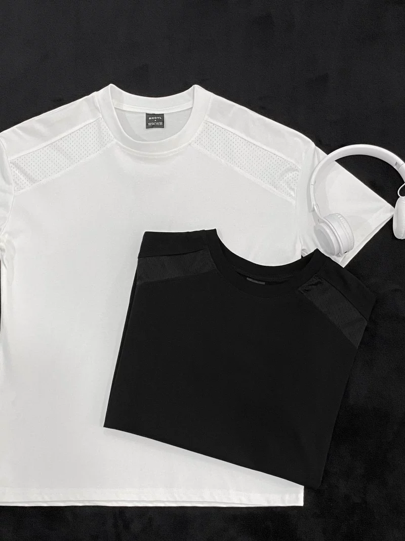 Áo thun ngắn tay kiểu Mỹ dành cho nam và nữ, áo lưới phối vải thoáng khí mùa hè, áo thun cơ bản dáng rộng thời trang dành cho cặp đôi.