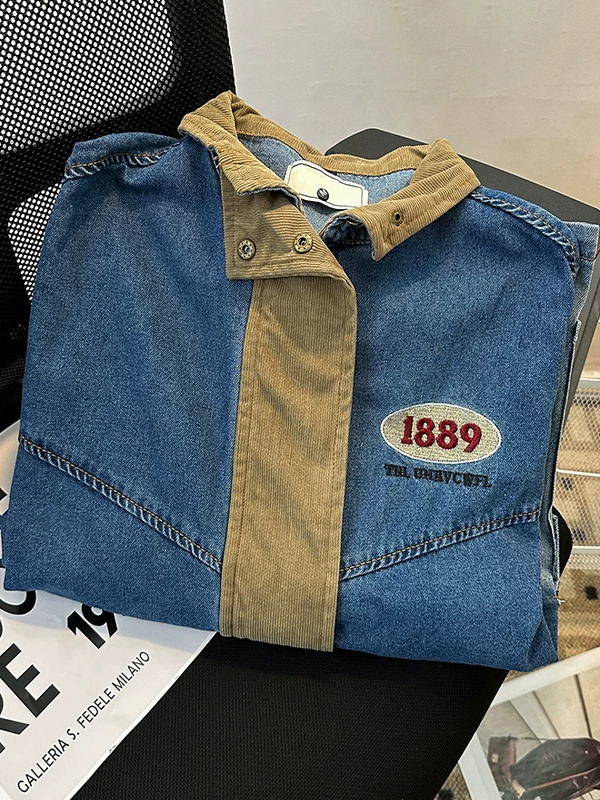 Áo khoác thêu chắp vá bằng vải nhung kẻ dành cho nam, áo khoác denim phong cách Mỹ hợp thời trang mùa xuân thu mới, trang phục công sở cổ đứng rộng rãi.