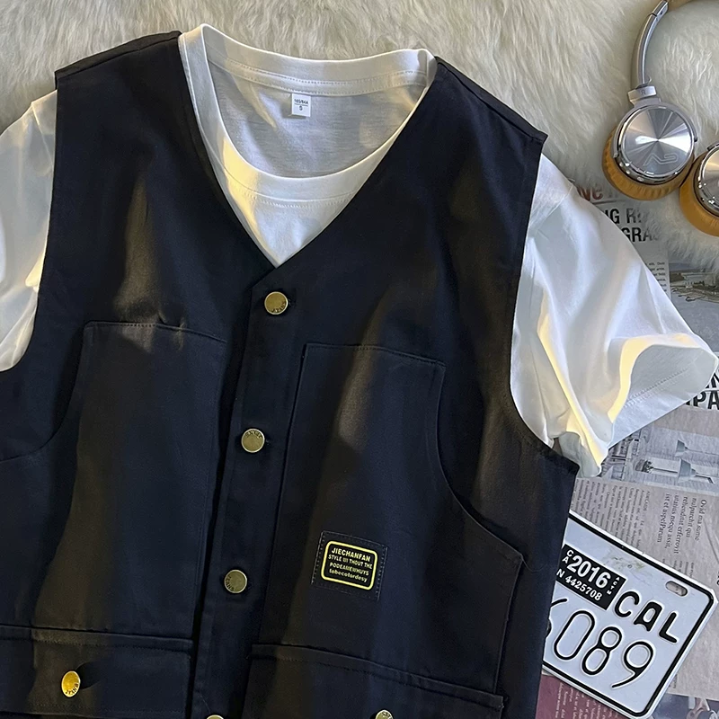 Áo vest công sở mùa xuân thu dành cho nam, áo khoác ngoài phong cách Hồng Kông, thương hiệu thời thượng, áo khoác không tay rộng rãi đa năng.