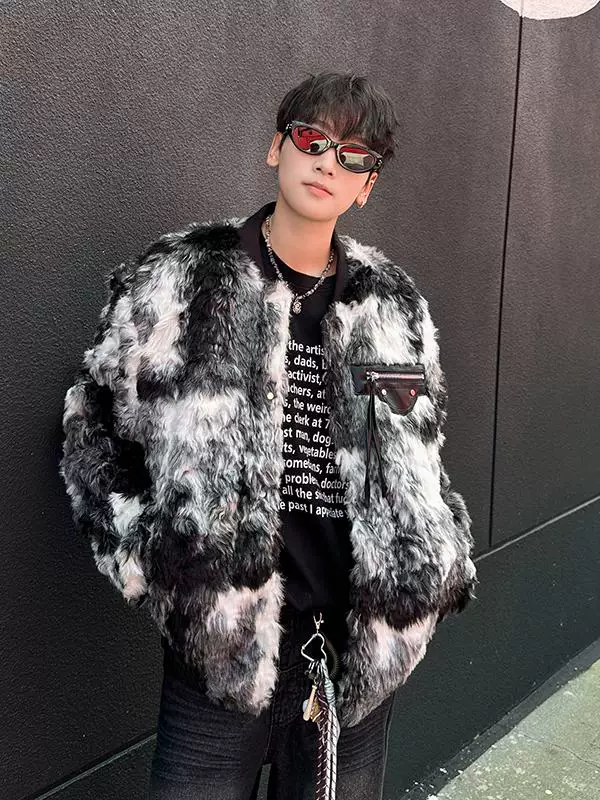 Áo khoác len cừu nhuộm chàm độc đáo dành cho nam, áo khoác bông dày dặn dáng rộng mùa đông, áo khoác bông ấm áp phong cách Mỹ thời thượng.