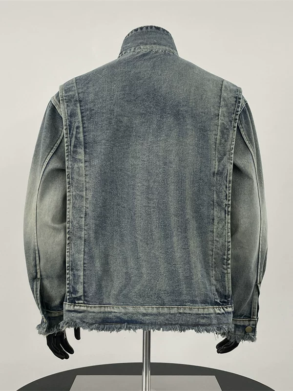 Áo khoác denim rách cá tính dành cho nam, áo khoác phong cách đường phố Mỹ, áo khoác thương hiệu thời thượng dáng rộng cổ đứng dành cho mùa xuân và mùa thu.