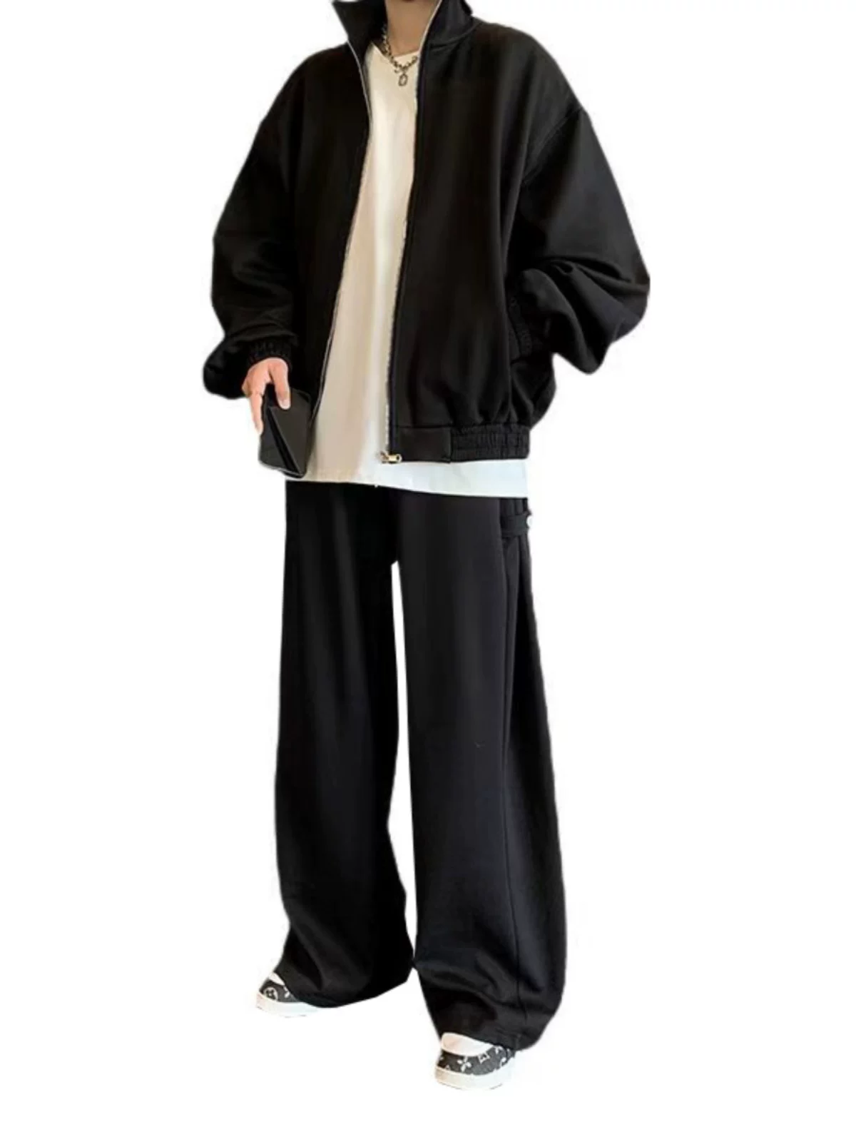 Bộ trang phục phong cách Mỹ: áo cardigan cổ đứng rộng rãi, quần dài chất liệu dày dặn, bộ hai món thời trang đa năng cho mùa xuân và mùa thu.