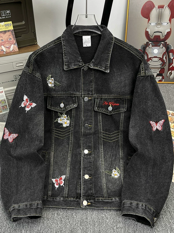 Áo khoác denim thêu hoa bướm dành cho nam, thương hiệu thời thượng, kiểu dáng xước và bạc màu, form rộng, phong cách Mỹ mùa xuân thu, áo khoác đôi.