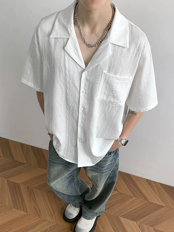 Áo sơ mi nam cao cấp chất liệu jacquard, tay ngắn, thiết kế mỏng nhẹ mùa hè, kiểu dáng rộng rãi, áo sơ mi cổ Cuba thời trang, phong cách casual.