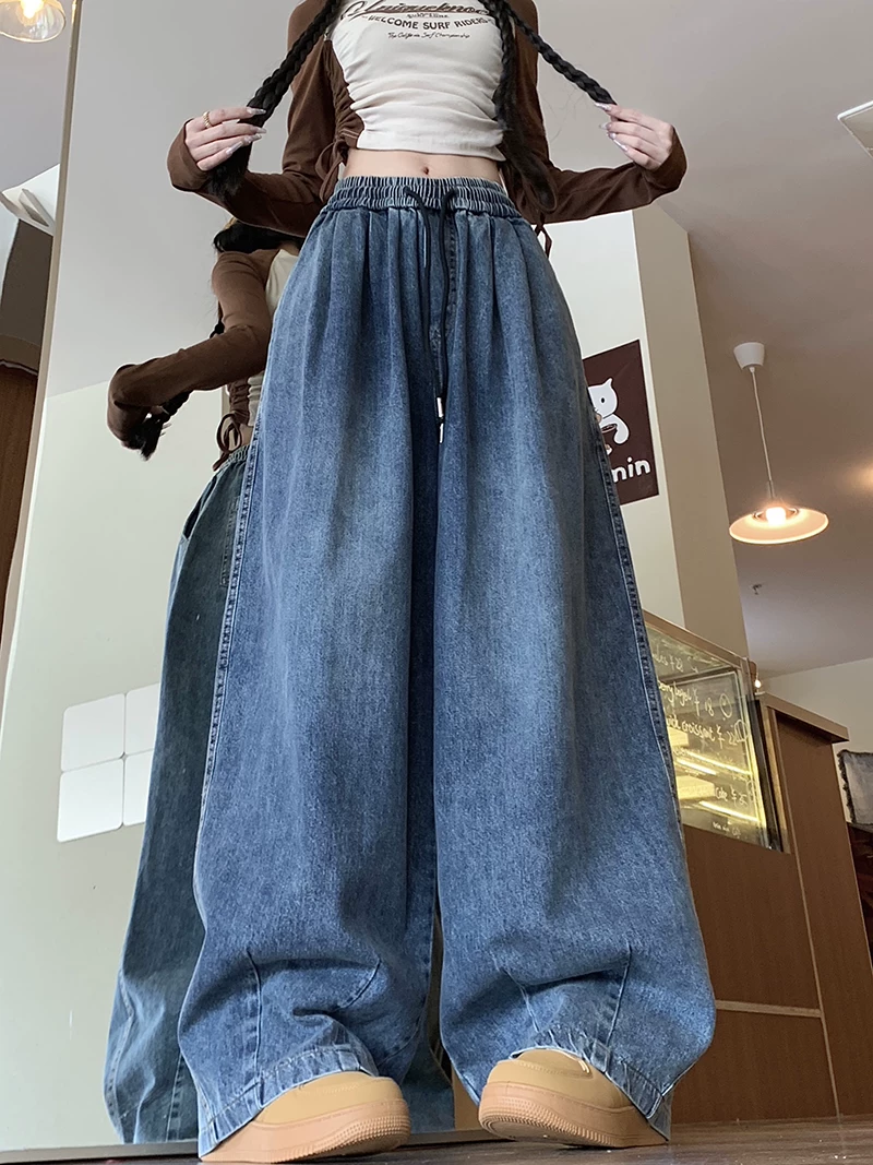 Quần jean phong cách hip-hop mùa thu kiểu Mỹ dành cho nam và nữ, quần cạp chun cổ điển, quần ống rộng dài chạm sàn hợp thời trang.