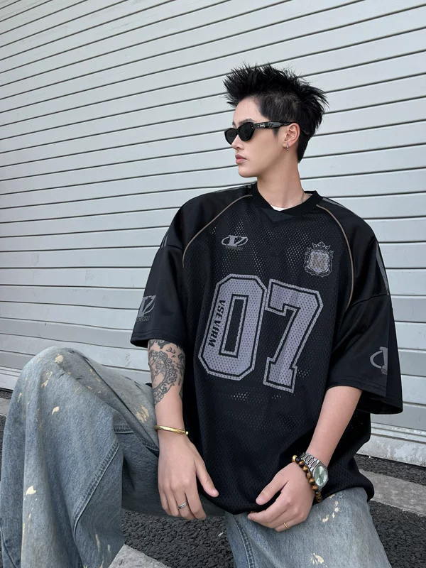 Áo thun thể thao in hình tay ngắn dành cho nam, áo nửa tay lưới thoáng khí mùa hè, quần áo lụa băng rộng rãi hợp thời trang của Mỹ