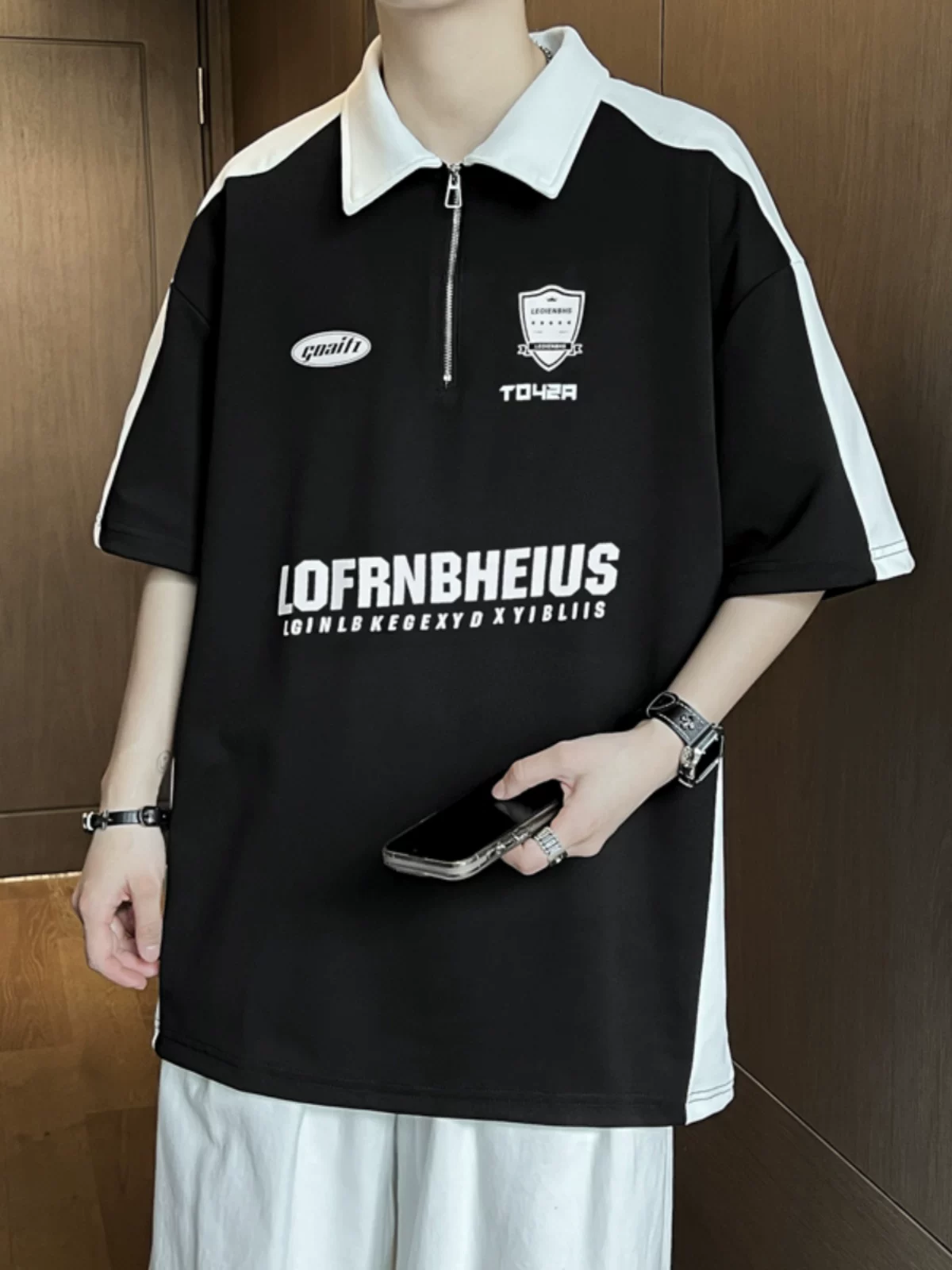 Áo polo phối màu chắp vá dành cho nam, tay ngắn, dáng rộng, khóa kéo nửa thân, cổ bẻ, áo thun tay lửng kiểu Mỹ hợp thời trang mùa hè dành cho cặp đôi.