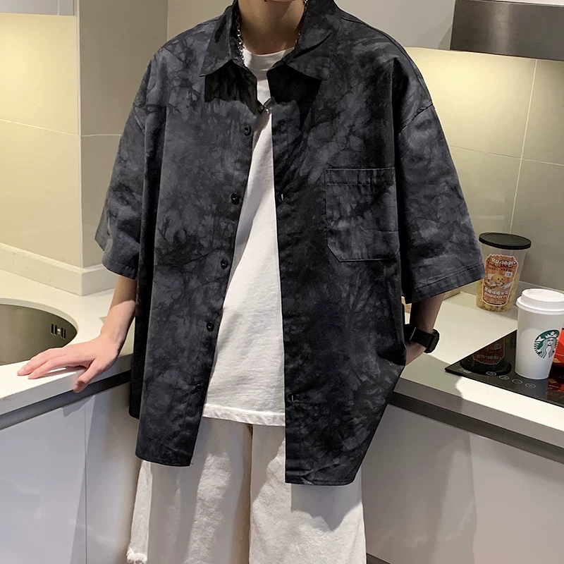 Áo sơ mi ngắn tay nhuộm màu cho nam, phong cách Hồng Kông, dáng rộng, áo sơ mi nửa tay, thời trang mùa hè Hàn Quốc, hợp thời trang, áo khoác thường ngày sành điệu.