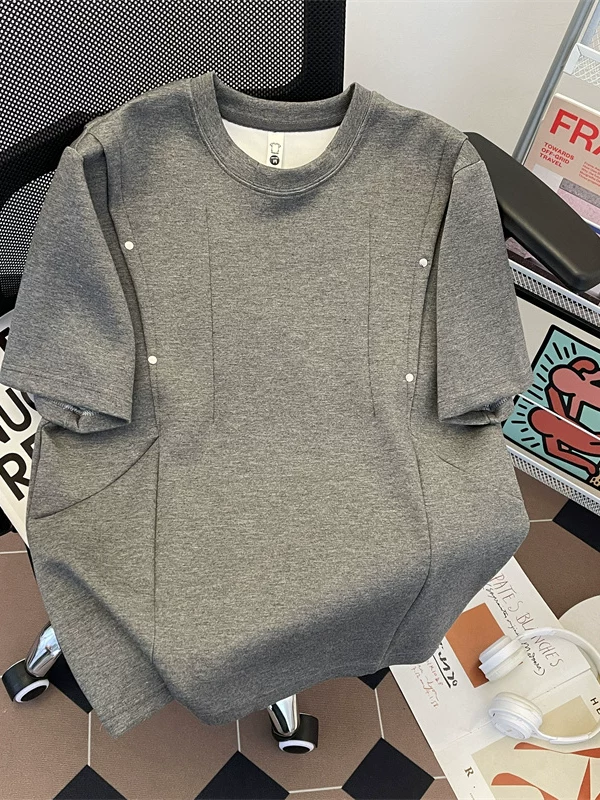 Áo thun nam thiết kế đinh tán phá cách, áo thun tay ngắn chất liệu dày dặn, thời trang, kiểu dáng Mỹ, áo đôi mùa hè, tay lửng.