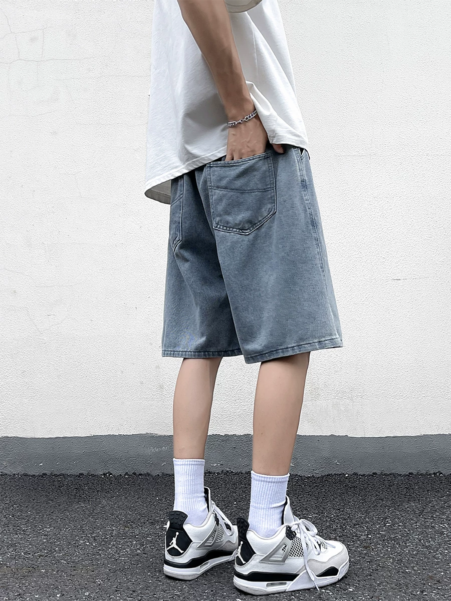 Quần short denim kiểu Mỹ mùa hè dành cho nam, thương hiệu thời trang Nhật Bản, quần ống rộng dáng thẳng năm phần, quần dài vừa ống rộng phong cách cá tính.