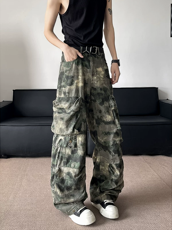 Quần công sở rằn ri kiểu Mỹ dành cho nam, quần ống cong cleanfit mùa xuân thu, quần dài ống rộng nhiều túi thương hiệu thời thượng.