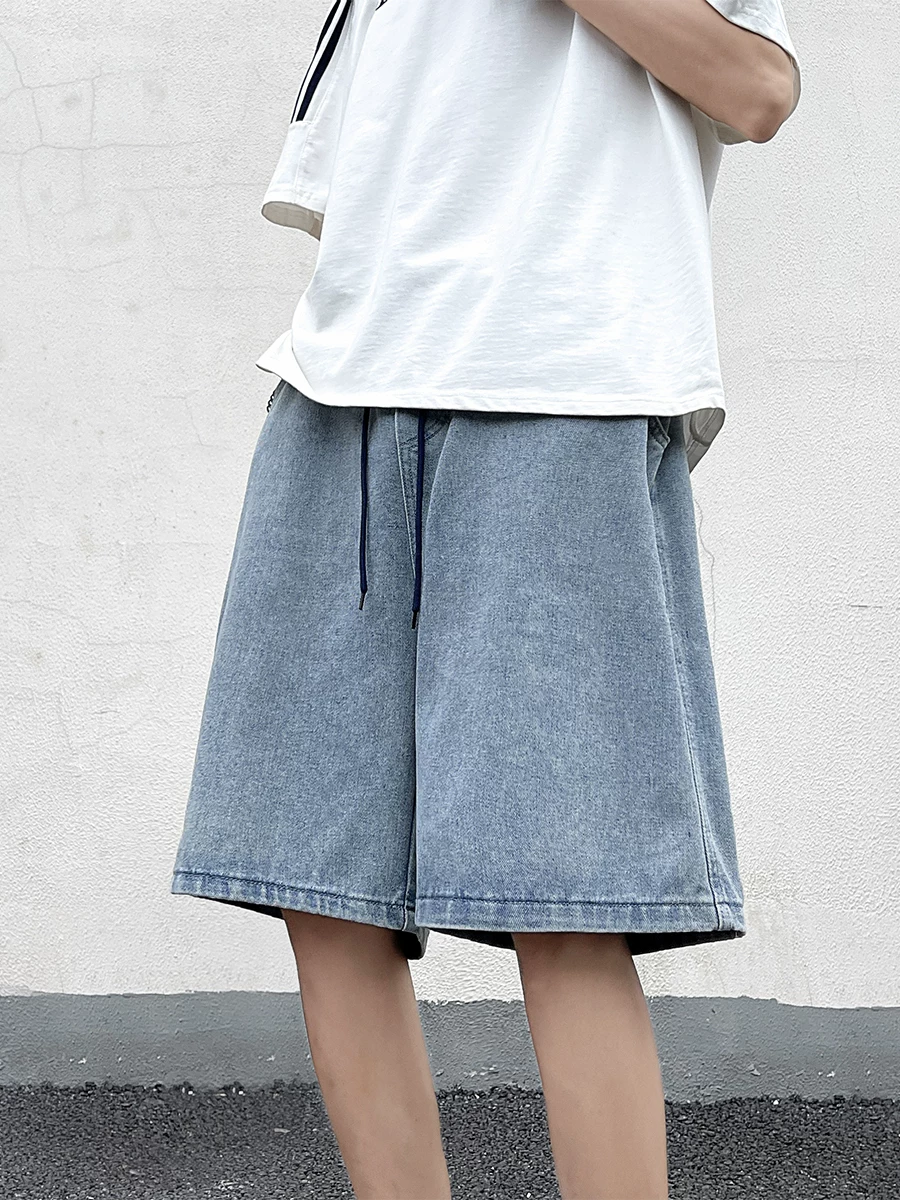 Quần short denim kiểu Mỹ mùa hè dành cho nam, thương hiệu thời trang Nhật Bản, quần ống rộng dáng thẳng năm phần, quần dài vừa ống rộng phong cách cá tính.