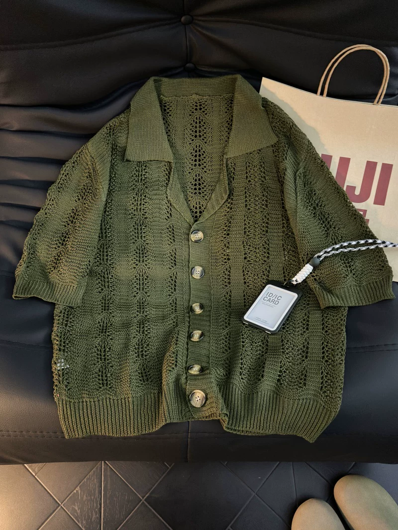 Áo sơ mi dệt kim ngắn tay thoáng khí mùa hè dành cho nam, áo cardigan dáng rộng thương hiệu thời thượng, áo thun nửa tay phong cách Mỹ.