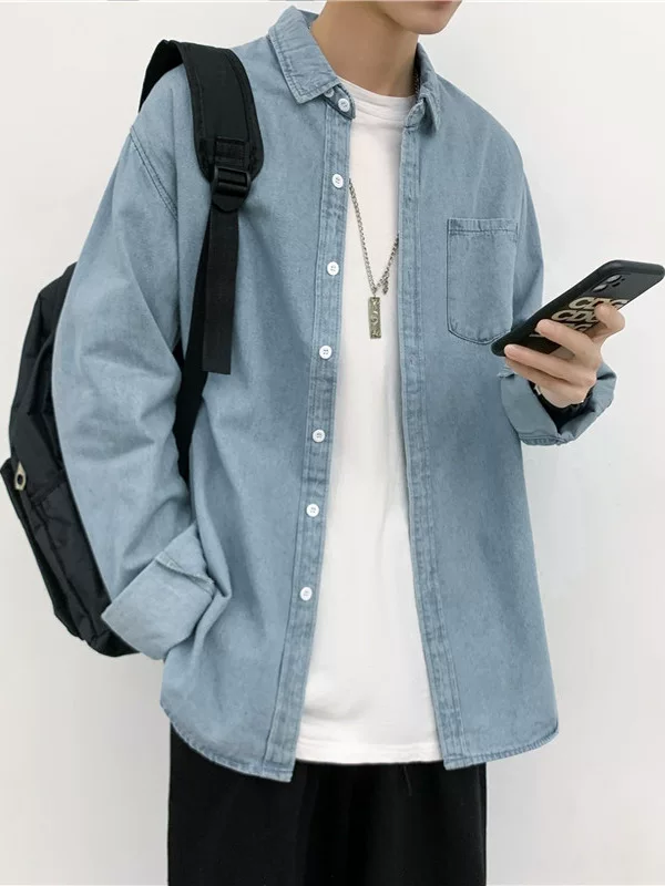 Áo sơ mi denim retro thương hiệu thời thượng dành cho nam, áo khoác sơ mi dài tay dáng rộng phong cách Hàn Quốc thời thượng mùa xuân thu
