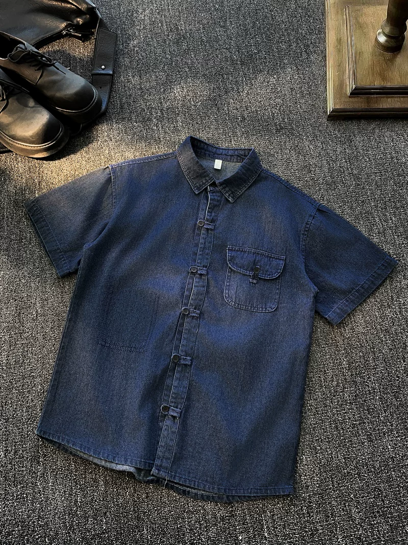 Áo sơ mi denim nam tay ngắn, kiểu dáng rộng rãi, thời trang mùa hè, có khuy cài, phong cách áo khoác công sở Mỹ.