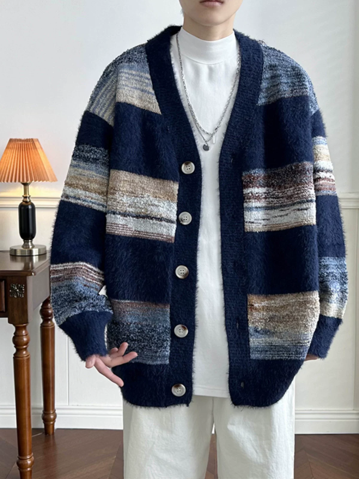 Áo len cardigan phối màu mùa thu đông Áo len dệt kim phong cách retro của cặp đôi Mỹ thương hiệu thời trang ins áo khoác dáng rộng phong cách lười biếng