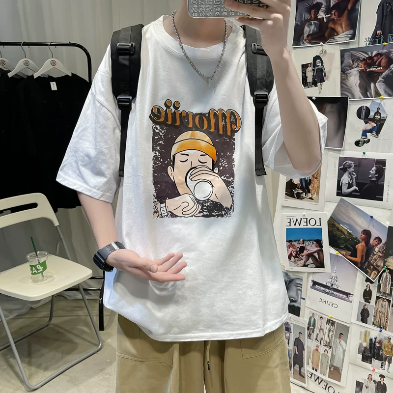 Áo thun nam tay ngắn mùa hè phong cách Hồng Kông in hình thương hiệu hợp thời trang Áo thun nửa tay in hình phong cách Hàn Quốc hợp thời trang đa năng, dáng rộng, tay áo dài năm phần tư