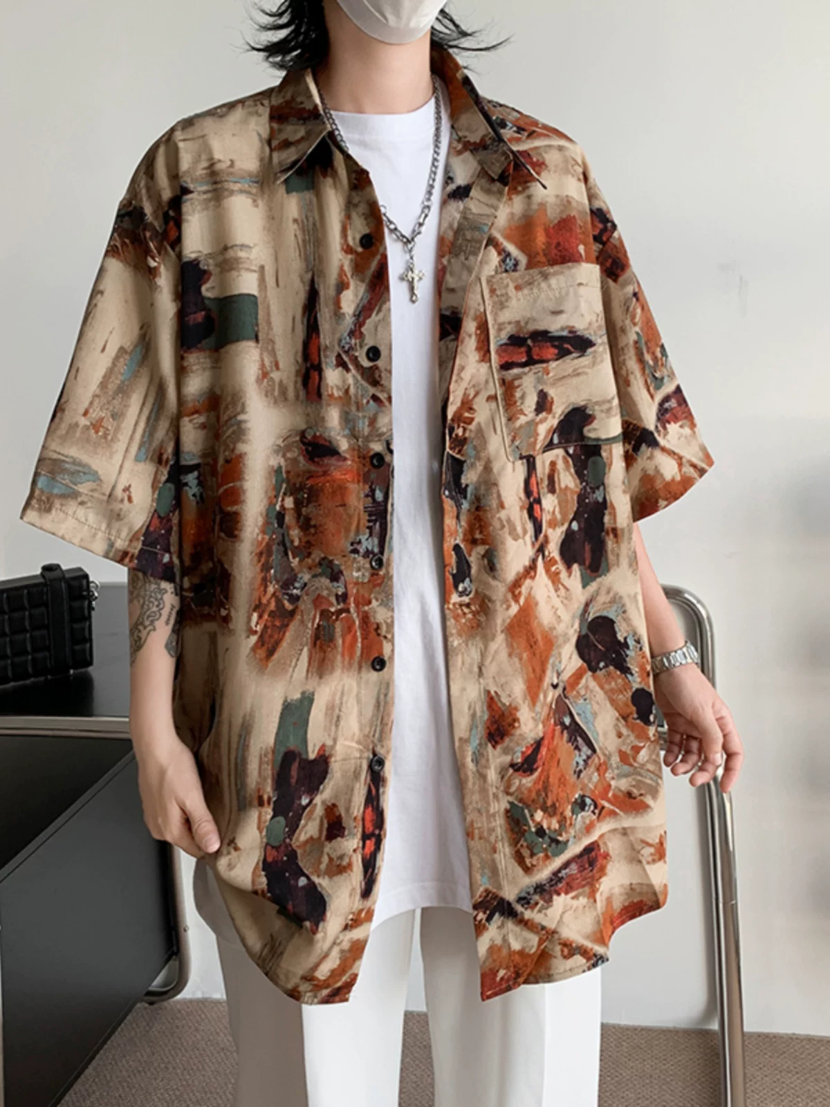 Áo sơ mi hoa văn cổ điển kiểu Mỹ dành cho nam, áo sơ mi đi biển bằng vải lụa băng mềm mại, tay ngắn, áo khoác cặp đôi mỏng hợp thời trang mùa hè.