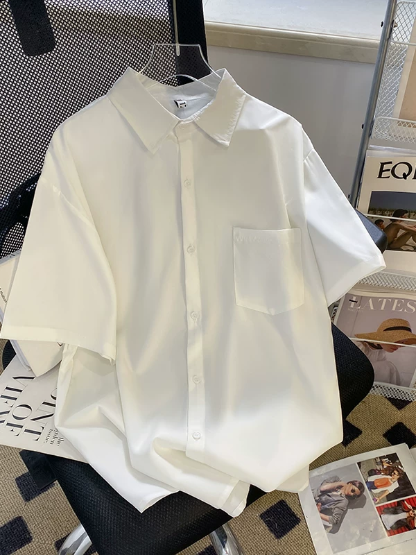 Áo sơ mi lụa băng màu trơn nam tay ngắn mùa hè phong cách Nhật Bản đơn giản giản dị hàng đầu dáng rộng hợp thời trang áo sơ mi phong cách Hàn Quốc