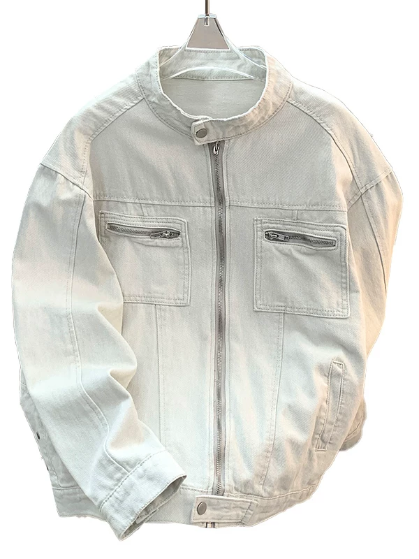 Áo khoác denim kiểu Mỹ dành cho nam, áo khoác vải canvas giặt mài thời thượng, áo khoác công sở dáng rộng cổ đứng cho mùa xuân và mùa thu.