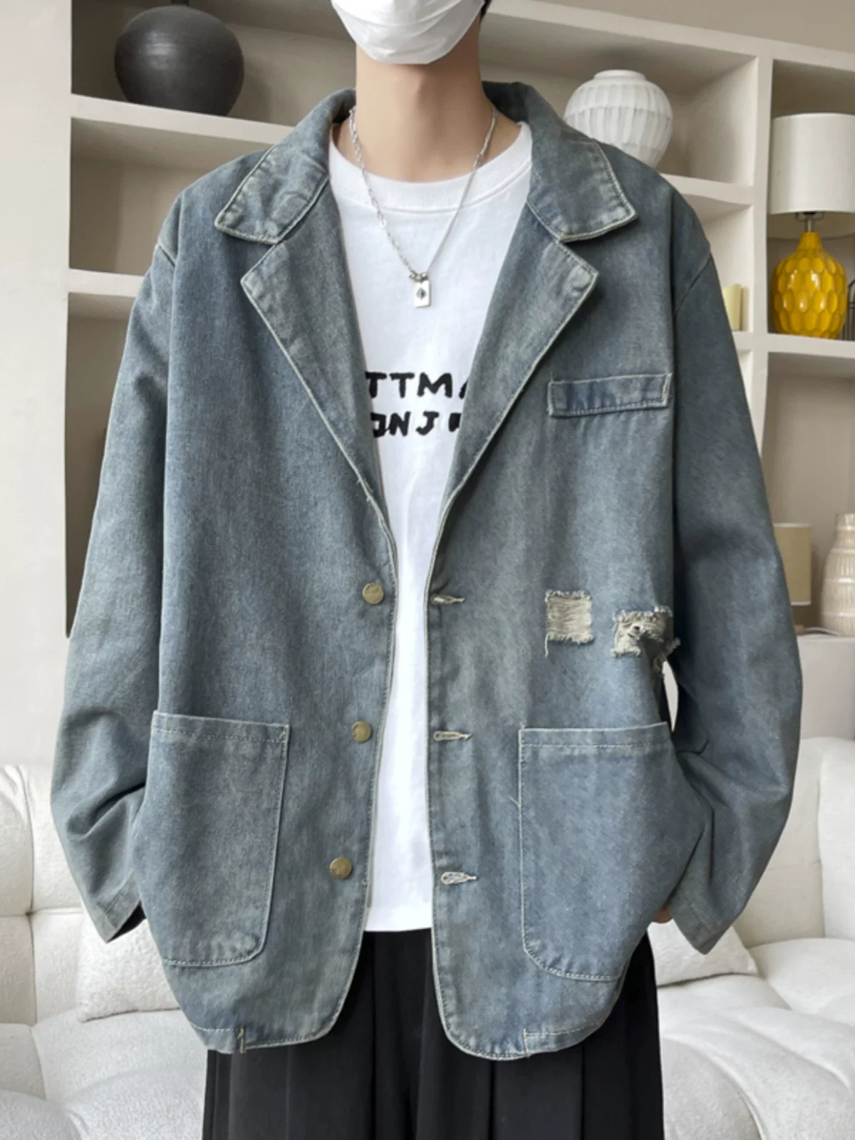 Áo khoác denim cổ áo kiểu suit, áo khoác thời trang xuân thu, áo khoác nam rộng rãi phong cách Mỹ cổ điển.