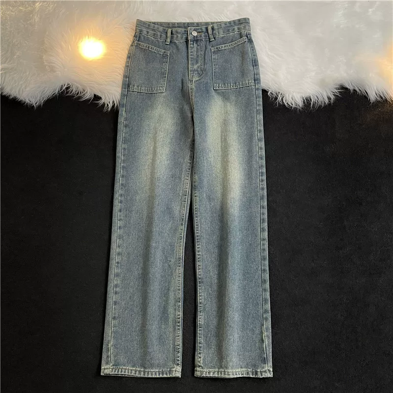 Quần jeans kiểu Mỹ giặt mềm cho mùa thu đông, quần ống đứng thời thượng dành cho nam, quần dài ống rộng phong cách đường phố retro.