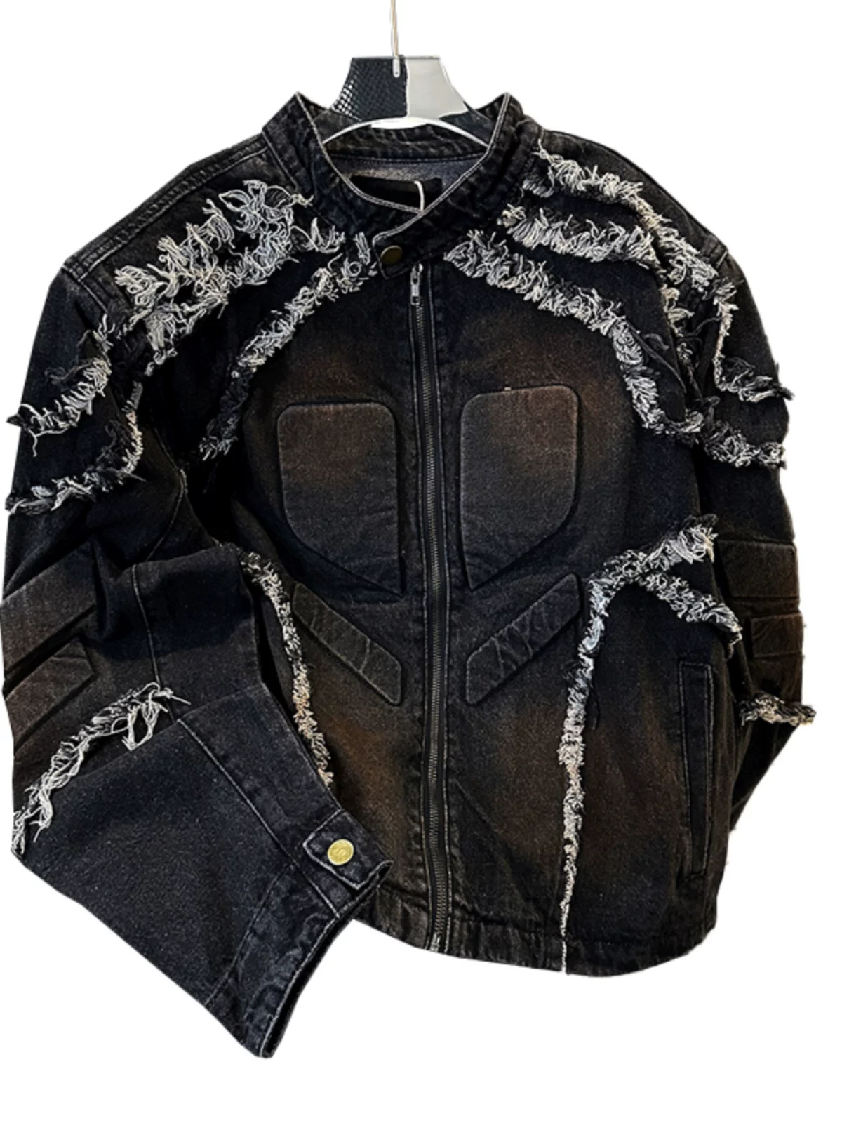 Áo khoác denim nam có đệm vai viền tua rua, phong cách Mỹ cổ điển mùa xuân thu, áo khoác biker thời thượng, thương hiệu nổi tiếng.
