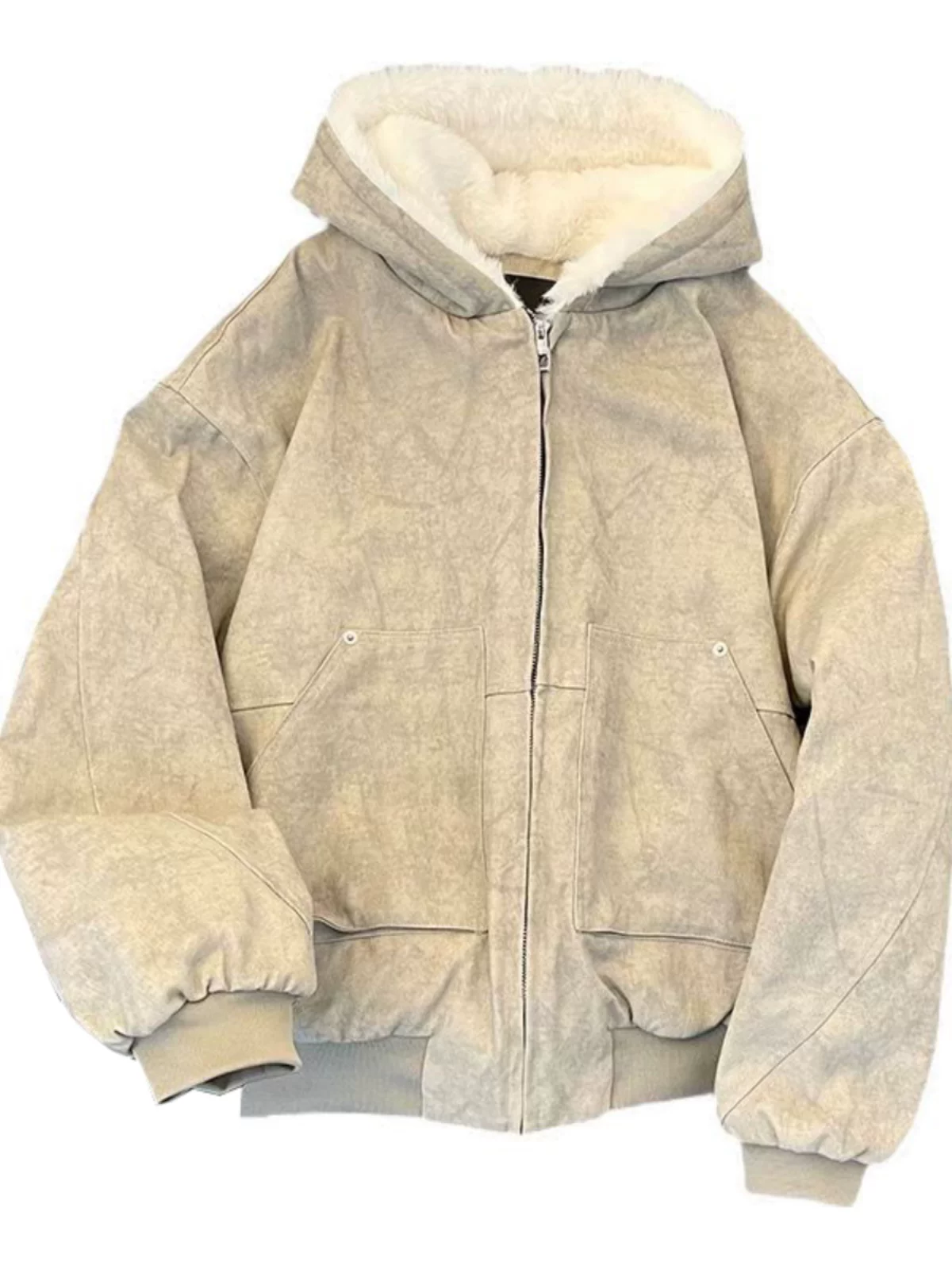 Áo khoác cotton lót lông cừu dày dặn cho nam và nữ, áo khoác bông len cừu mùa đông, áo khoác bông ngắn có mũ kiểu Mỹ thời trang.