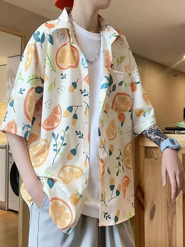 Áo sơ mi ngắn tay in họa tiết Hawaii dành cho nam, áo sơ mi lụa băng mỏng rộng rãi mùa hè, áo khoác nửa tay mát mẻ hợp thời trang của Mỹ