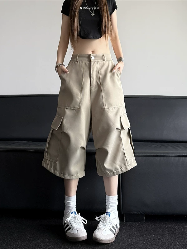 Quần short cargo có túi lớn tiện dụng dành cho nam, quần xếp ly phong cách Mỹ thời thượng, quần ống rộng lửng dáng rộng mùa hè.