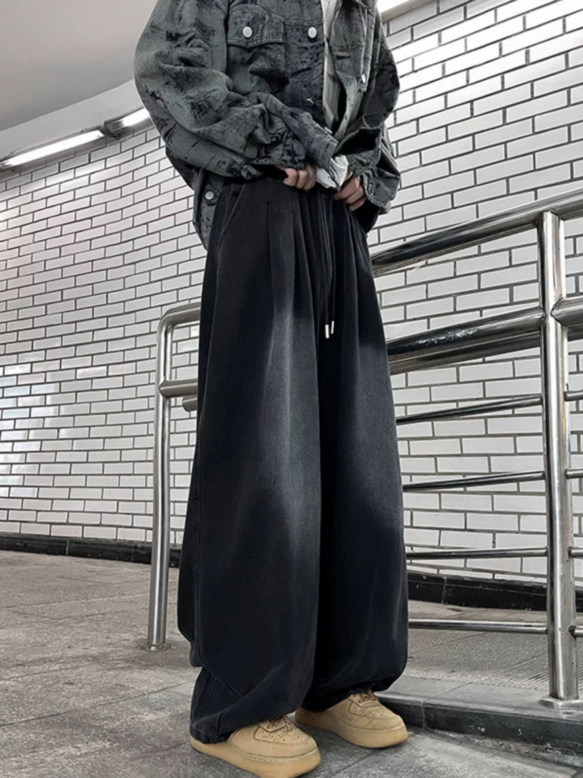 Quần jeans ống rộng phong cách hip-hop dành cho nam, quần dài kiểu Nhật Bản retro mùa xuân hè, quần dài chạm đất có dây rút thời trang, thương hiệu nổi tiếng.