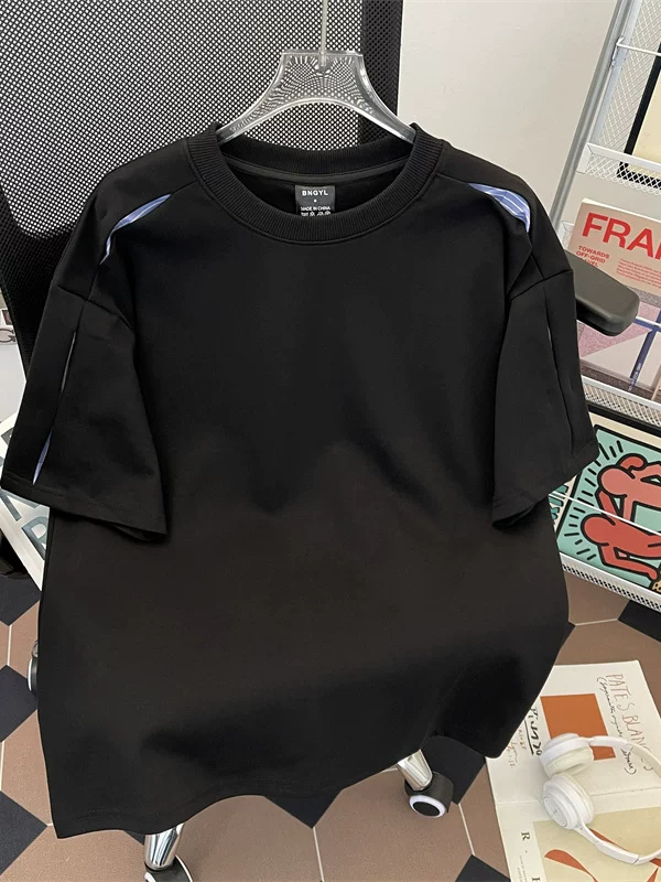 Áo thun nam tay ngắn phối vải sọc nặng, kiểu dáng phá cách, chất liệu mát mẻ, phong cách Mỹ, cổ tròn, mùa hè.