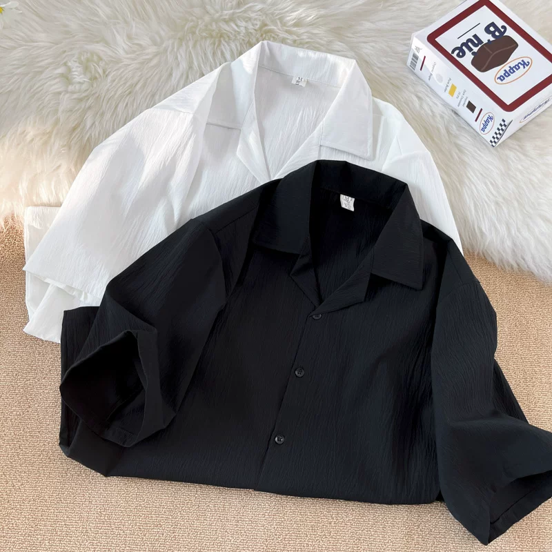 Áo sơ mi lụa xếp ly nam tay ngắn kiểu Nhật dáng rộng cổ Cuba thiết kế hợp thời trang mùa hè mát mẻ