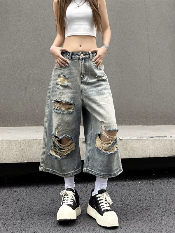 Quần jean rách gấu ngắn cho nam, quần short ống rộng dáng suông thời trang mùa hè, quần dài vừa phải phong cách đường phố cá tính đã qua xử lý giặt mềm.