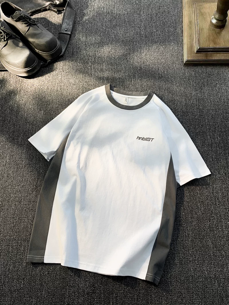 Áo thun ngắn tay kiểu Mỹ cổ điển phối vải chắp vá dành cho nam và nữ, áo thun cơ bản rộng rãi, thời trang, chất liệu cotton dày dặn, mùa hè.