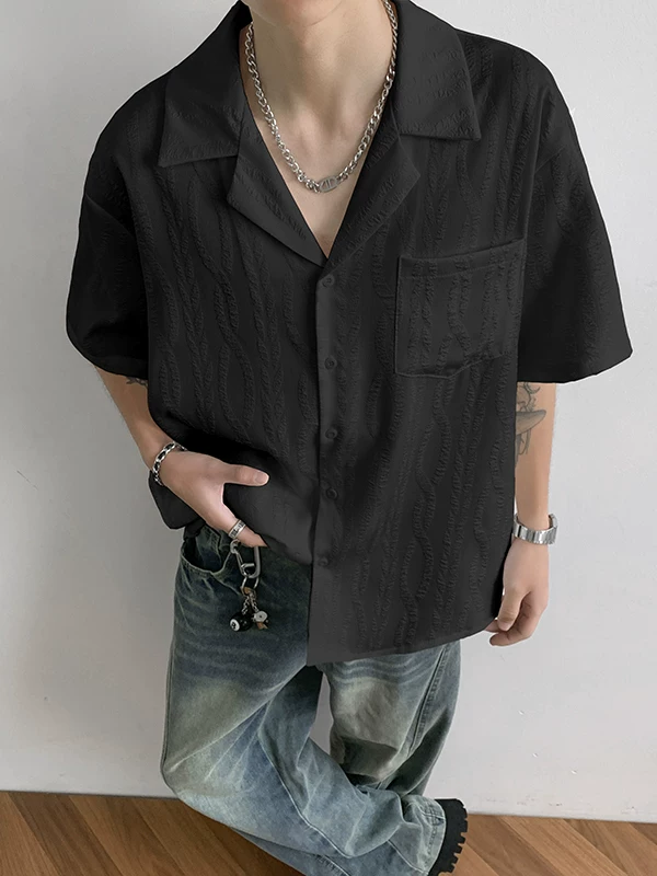 Áo sơ mi nam cao cấp chất liệu jacquard, tay ngắn, thiết kế mỏng nhẹ mùa hè, kiểu dáng rộng rãi, áo sơ mi cổ Cuba thời trang, phong cách casual.