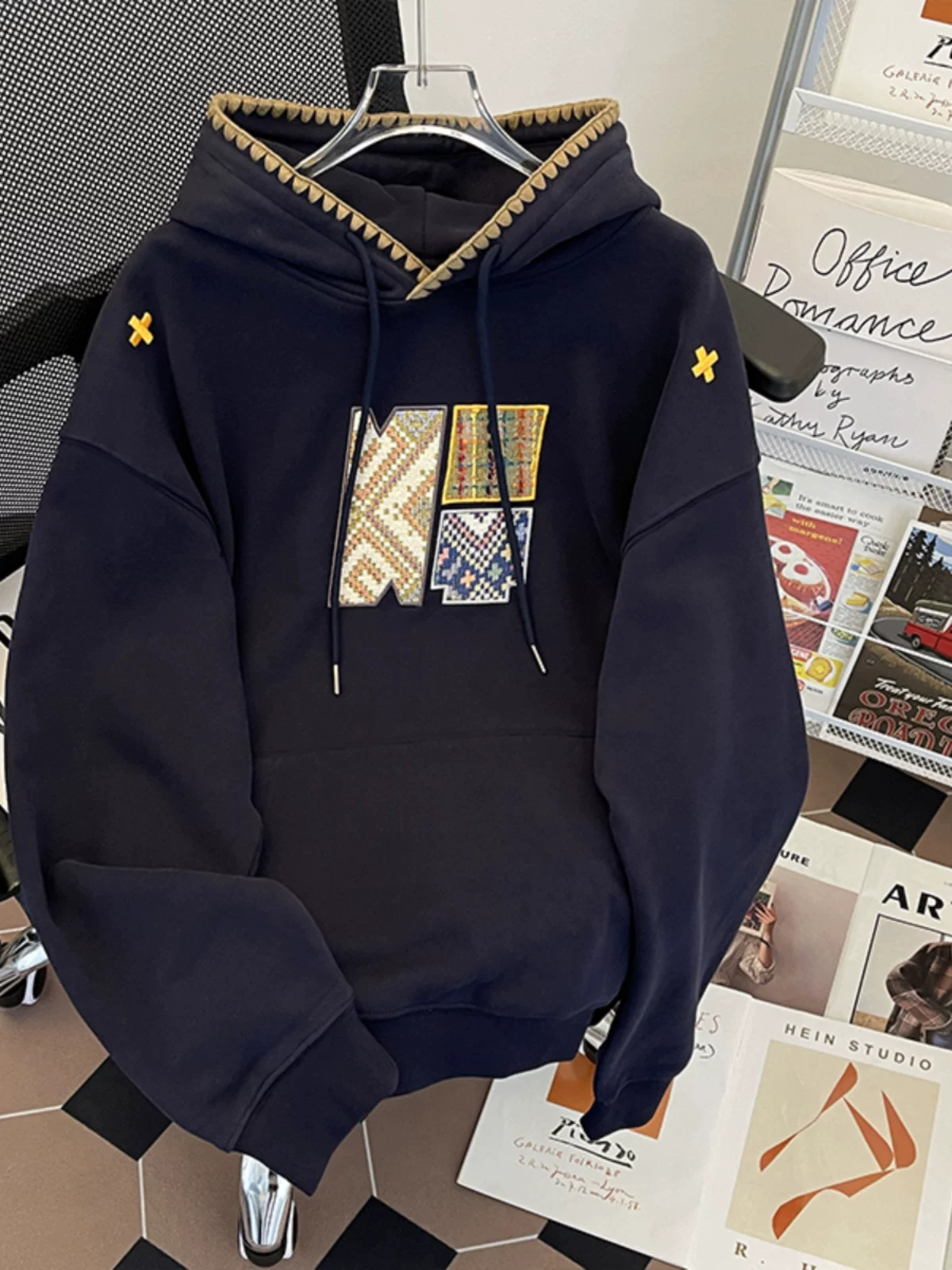 Áo nỉ hip-hop kiểu Mỹ dành cho nam, mùa xuân thu, áo có mũ thêu rộng rãi, thiết kế thời thượng, áo khoác đôi.