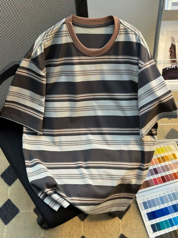 Áo thun ngắn tay sọc kiểu Nhật dành cho nam, áo thun nửa tay dáng rộng hợp thời trang mùa hè, áo đôi phối màu phong cách retro Mỹ.