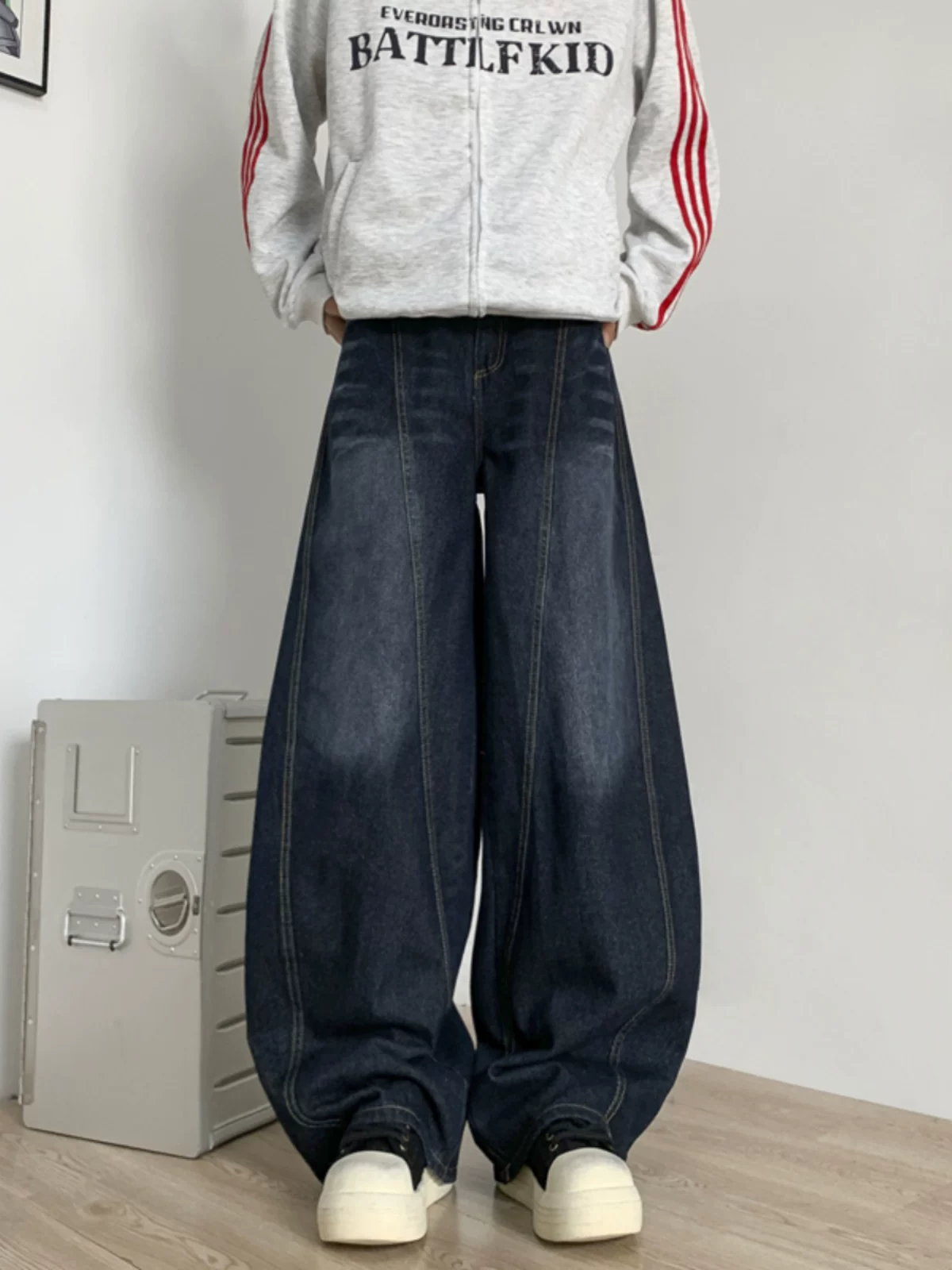 Quần jeans thêu họa tiết, dáng rộng, dài chạm đất, phong cách vintage Mỹ, dành cho nam, mùa thu đông, thương hiệu thời thượng.