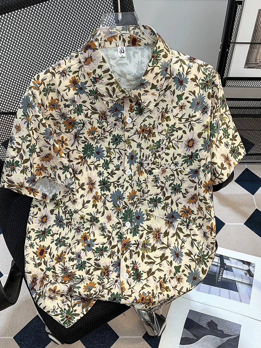 Áo sơ mi ngắn tay in họa tiết hoa cúc cho nam, áo sơ mi nửa tay dáng rộng phong cách vintage mùa hè, áo khoác đi biển Hawaii hợp thời trang