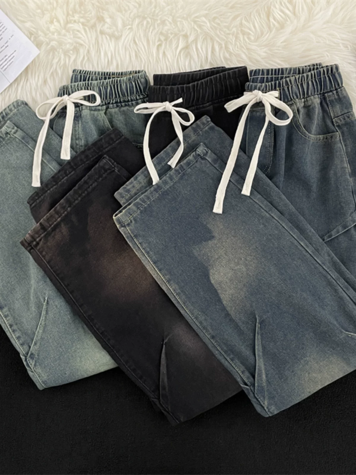 Quần jeans nam phong cách Mỹ mùa thu đông, quần dài ống rộng dáng suông đa năng, chất liệu vintage, có dây rút, thương hiệu thời thượng.