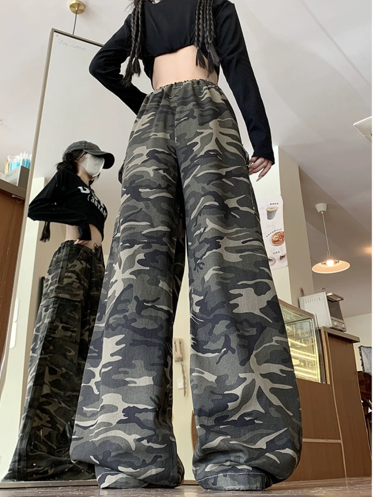 Quần jean rằn ri phong cách hip-hop kiểu Mỹ dành cho nam và nữ, quần công sở dáng rộng mùa xuân thu, quần dài ống rộng hợp thời trang.