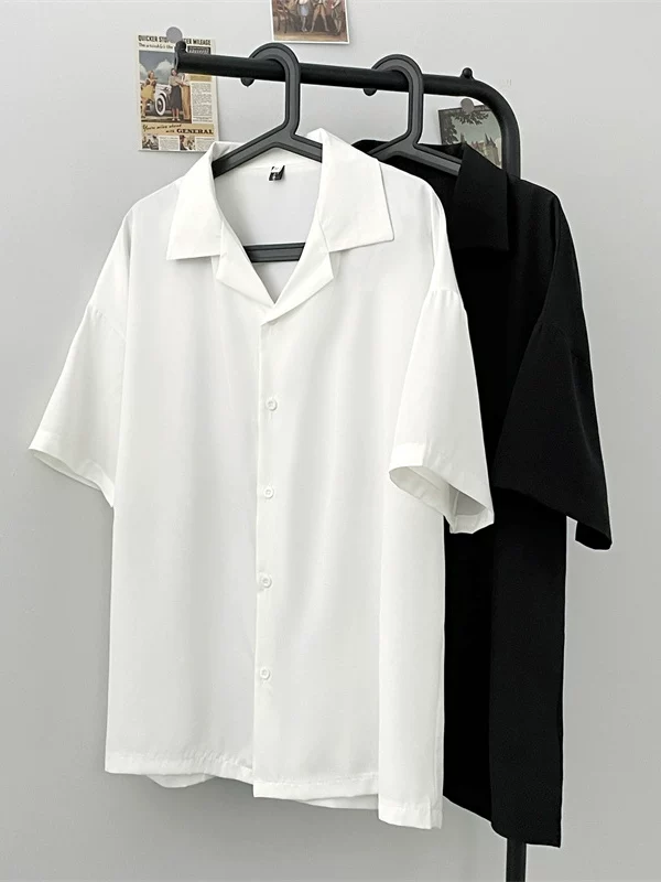 Áo sơ mi ngắn tay vải lụa băng dành cho nam, áo sơ mi cổ Cuba dáng suông mùa hè, áo kiểu Hàn Quốc trẻ trung, thời thượng, mát mẻ.