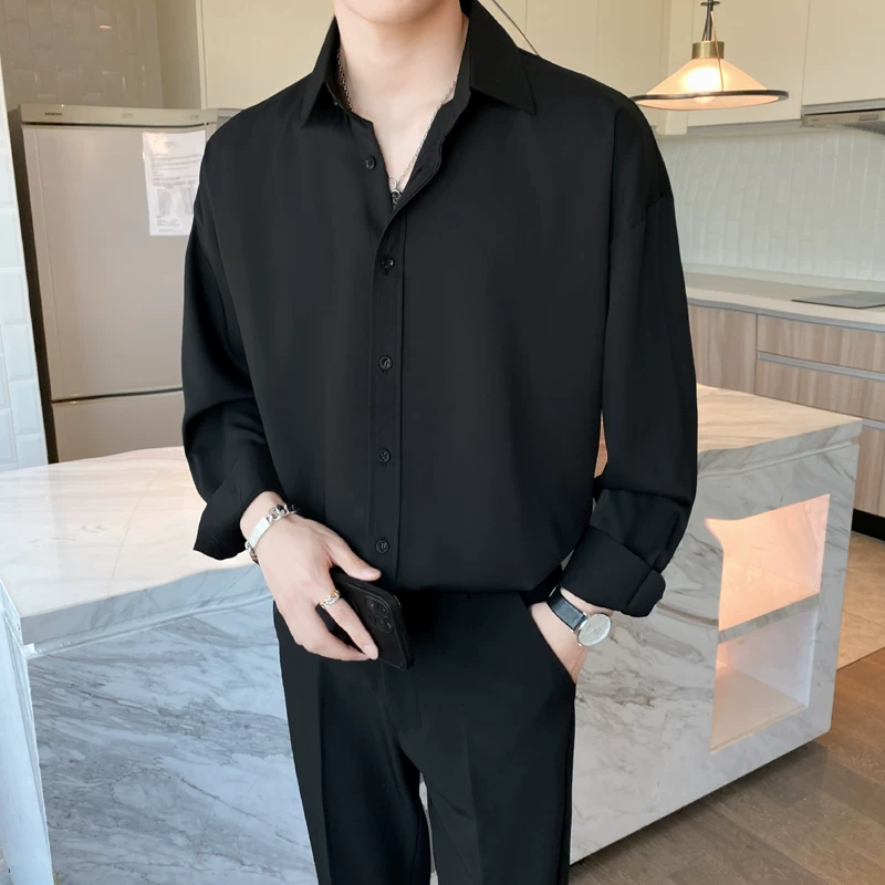 Áo sơ mi nam dài tay phong cách trưởng thành nhẹ nhàng, áo kiểu mùa hè mỏng nhẹ, áo kiểu Hàn Quốc thời thượng, áo lụa băng dáng rộng đẹp trai.