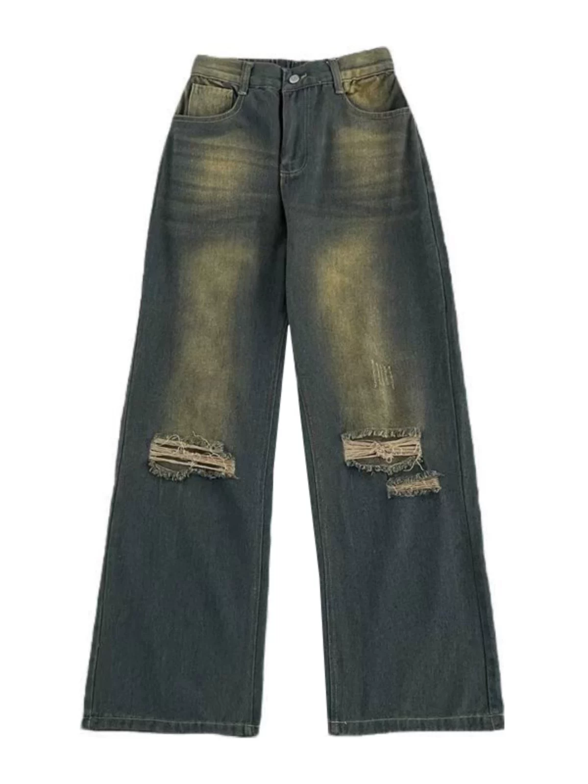 Quần jeans rách phong cách retro Mỹ dành cho nam, quần ống rộng vintage mùa xuân thu, quần thời trang thương hiệu cao cấp, đã qua xử lý làm cũ và tạo hiệu ứng rách.