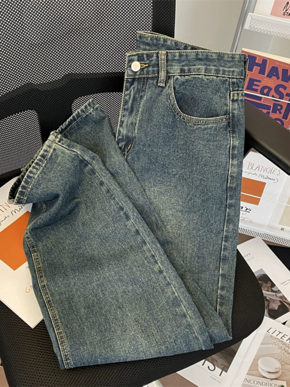 Quần jean vintage mùa hè dành cho nam, quần dài kiểu Mỹ cổ điển, quần dài ống rộng thời trang đa năng, phong cách thường ngày.